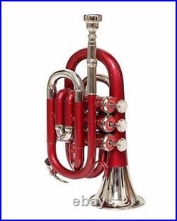 BEST OFFER RED NICKEL Bb POCKET TRUMPET+FREE HARD CASE+M/P