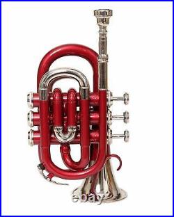 BEST OFFER RED NICKEL Bb POCKET TRUMPET+FREE HARD CASE+M/P