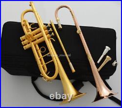 Brushed 24K Gold Trumpet Detachable 2 Bell Double trumpets Case FREE SHIPPING