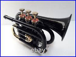 NEW HIGH QUALITY BLACK COLOUR BRASS FINISHBb FLAT POCKET TRUMPET FREE CASE+M/P