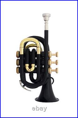 NEW HIGH QUALITY BLACK COLOUR BRASS FINISHBb FLAT POCKET TRUMPET FREE CASE+M/P