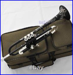 NEW Matt Black Silver Trumpet Bb Horn With Monel Valve Full Hand Engraving Bell