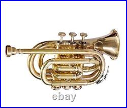 POCKET TRUMPET Bb BRASS WithFREE HARD CASE + MOUTHPIECE BRS HORN