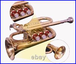 POCKET TRUMPET Bb BRASS WithFREE HARD CASE + MOUTHPIECE BRS HORN