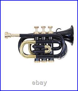 Pocket Trumpet 3 Valve's Pro Shinning Black+Brass with Mouth Piece and Case