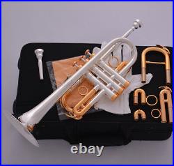 Professional Silver Gold Plated Eb/D Trumpet Horn Monel Valve 7C + 5C Mouthpiece