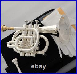 Professional Silver plated Pocket Trumpet Key of C Monel Valves 2 Mouth New Case