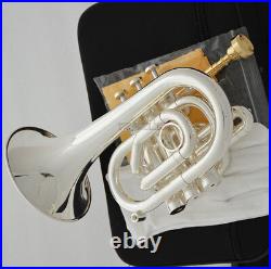 Professional Silver plated Pocket Trumpet Key of C Monel Valves 2 Mouth New Case