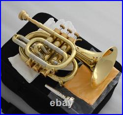 Professional new Bb Pocket Trumpet Gold horn Monel Valves With 2 Mouthpiece Case